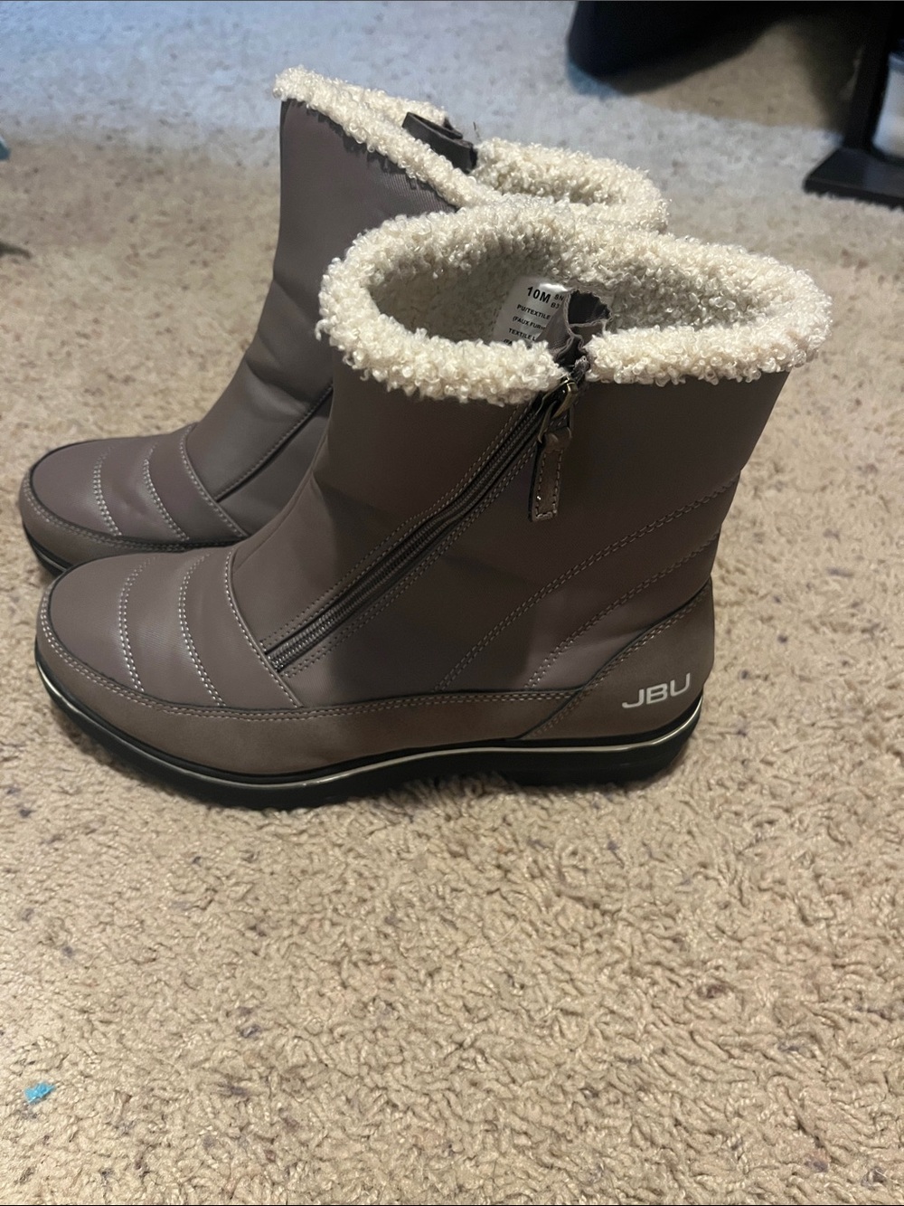 JBU Women's Taupe Winter Ankle Boots with Cream Fleece Collar